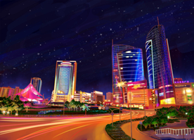 光谷广场夜晚灯光秀手绘城市素材