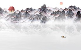 新中式水墨山水发财树麋鹿背景墙