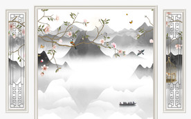 框画 山水画灰色画 TIF分层