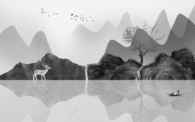 麋鹿中式灰色山水 TIF分层
