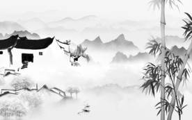 徽派 山水画灰色画 TIF分层