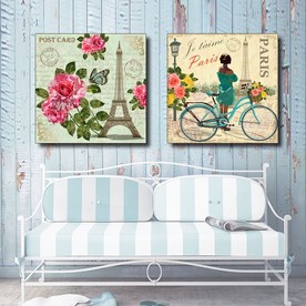 欧式复古建筑花卉自行车装饰画