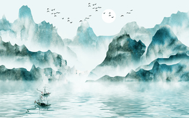 中式禅意简约水墨山水背景装饰画