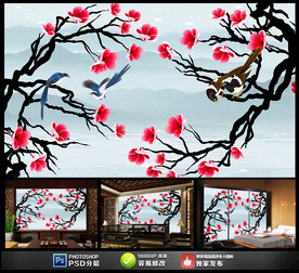 唯美花鸟新中式背景墙装饰画