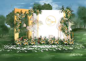 黄白色婚礼迎宾区