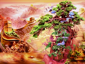 长城迎客松浮雕背景装饰画