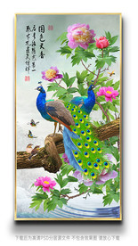 原创孔雀花鸟晶瓷画玄关背景墙