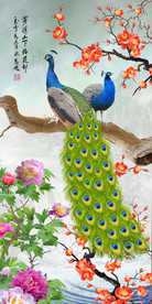 原创花鸟中式玄关背景墙孔雀图