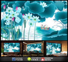 新中式唯美高清荷花背景墙装饰画