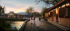 江南古镇黄昏透视效果图