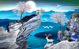 抽象水墨山水线条壁画背景