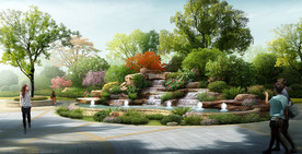 假山叠水池 景观效果图