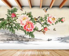 原创手绘牡丹花鸟装饰画背景墙
