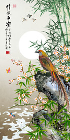 原创花好月圆花鸟风景玄关背景墙