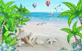 卡通海滩儿童房背景墙