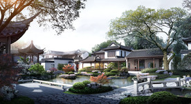 中式别墅庭院景观水系效果图