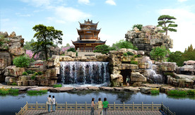 塑石叠水假山观景台 效果图