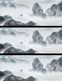 水墨绿梅小船古风动态视频素材