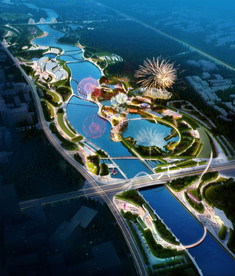 城市公园滨河景观 夜景效果图