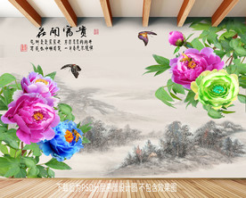 原创高清牡丹山水背景墙壁画