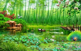 流水生财竹林风景背景墙