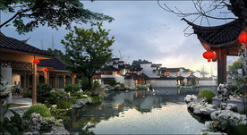 中式院子 园林水景 效果图