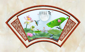 原创高清荷花翠鸟扇型装饰画