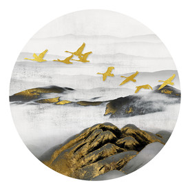 新中式金色水墨山水圆形装饰画