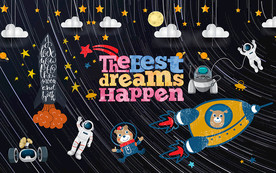 卡通外太空小熊儿童房背景墙