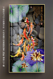 原创玄关鲤鱼金荷花装饰画