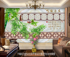原创花鸟竹子装饰画背景墙