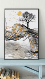 新中式抽象麋鹿山水玄关装饰画