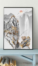 新中式金色水墨山水玄关装饰画