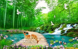 竹林独木桥发财鹿风景背景墙