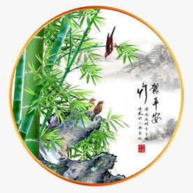 原创竹子花鸟竹报平安圆型装饰画