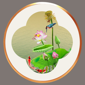 原创高清圆型荷花鲤鱼装饰画