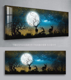 原创梅花鹿圆月星空装饰画背景墙