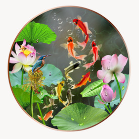 原创圆型荷花鲤鱼翠鸟装饰画