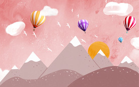 梦幻热气球山峰卡通儿童背景墙