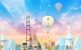 卡通云朵梦幻儿童房背景墙