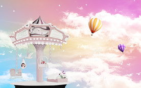 梦幻云朵热气球卡通儿童背景墙