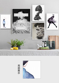 北欧简约黑白女郎客厅五联装饰画