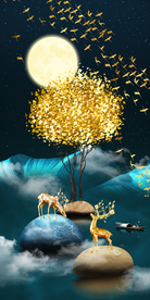 石来运转山水麋鹿发财树玄关装饰