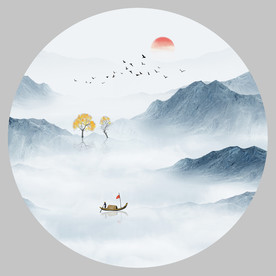 圆形水墨山水画
