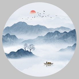 圆形水墨山水画