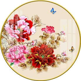 新中式手绘牡丹花鸟圆形装饰画图