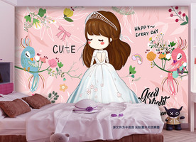 手绘卡通女孩可爱卡通儿童房背景
