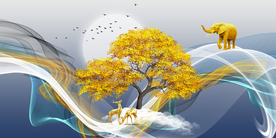 中式线条发财树大象三联晶瓷画