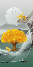 线条山水发财树玄关画