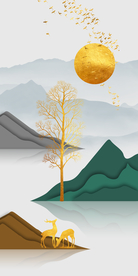 抽象金色山水发财树玄关晶瓷画